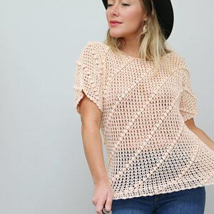 1970's Dandyline Crocheted Peach Shirt // Women's Size Extra Small to Medium